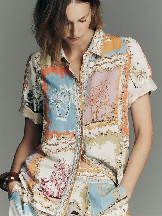 Ranna Gill Tops - Ranna Gill Tropical Print Linen Blouse
